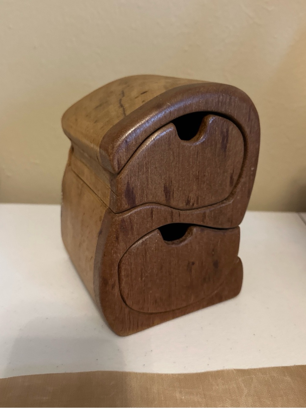 VTG abstract Small Wooden Two-Drawer Jewelry Box - Warm Brown handcarved
